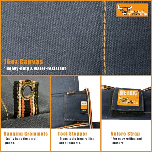 Image of BULL TOOLS Metric Ratcheting Wrench Set (8-19mm), 12-Pocket Roll, with Zip Pouch, Made from Durable Recycled Cotton Canvas for Mechanics, DIYers, and Home Use - Navy Blue