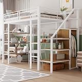 HYUB Cama alta de metal 90 x 200 cm con escritorio y armario, litera con escalera y espacio de almacenamiento, marco de cama con somier, cama para adultos, adolescentes y niños, color blanco