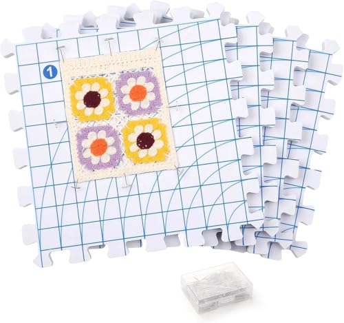 4 PCS Crochet Blocking Board with Gridlines 30x30CM Interlocking Blocking Mats Blocked Mats for Knitting Extra Thick Blocked Mat 4 Pack and 100 Pcs T Pins for Knitting Crochet and Needlework