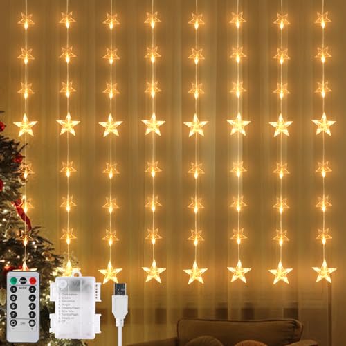 Jsdoin Luzes de fadas com espelho, 64 estrelas, 128 LED, 3 m x 1,5 m, cabo USB de 1,5 m, cortina de estrela conectável com 8 modos, luzes de janela de controlo remoto, iluminação natalícia para