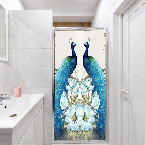 Vintage Peacock Air Blackout Window Film - Watercolor Blue Bird Lotus Flower Print, 17.7Wx23.6L-Inch X1Pcs