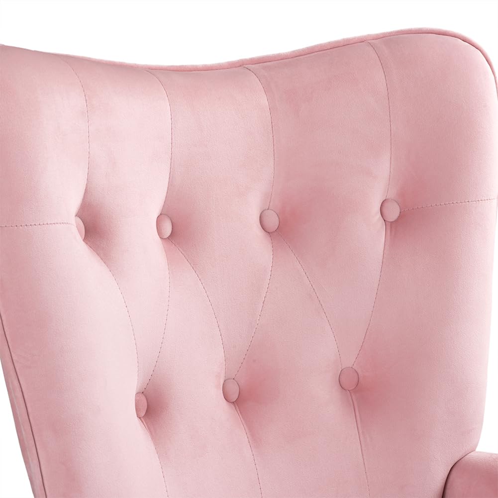 BAKAJI Poltrona con Sgabello da Soggiorno, Poltroncina con Pouf Poggiapiedi da Salotto, Sedia per Camera da Letto Imbottita con Rivestimento in Velluto Morbido, Braccioli Alti, Design Moderno (Rosa)