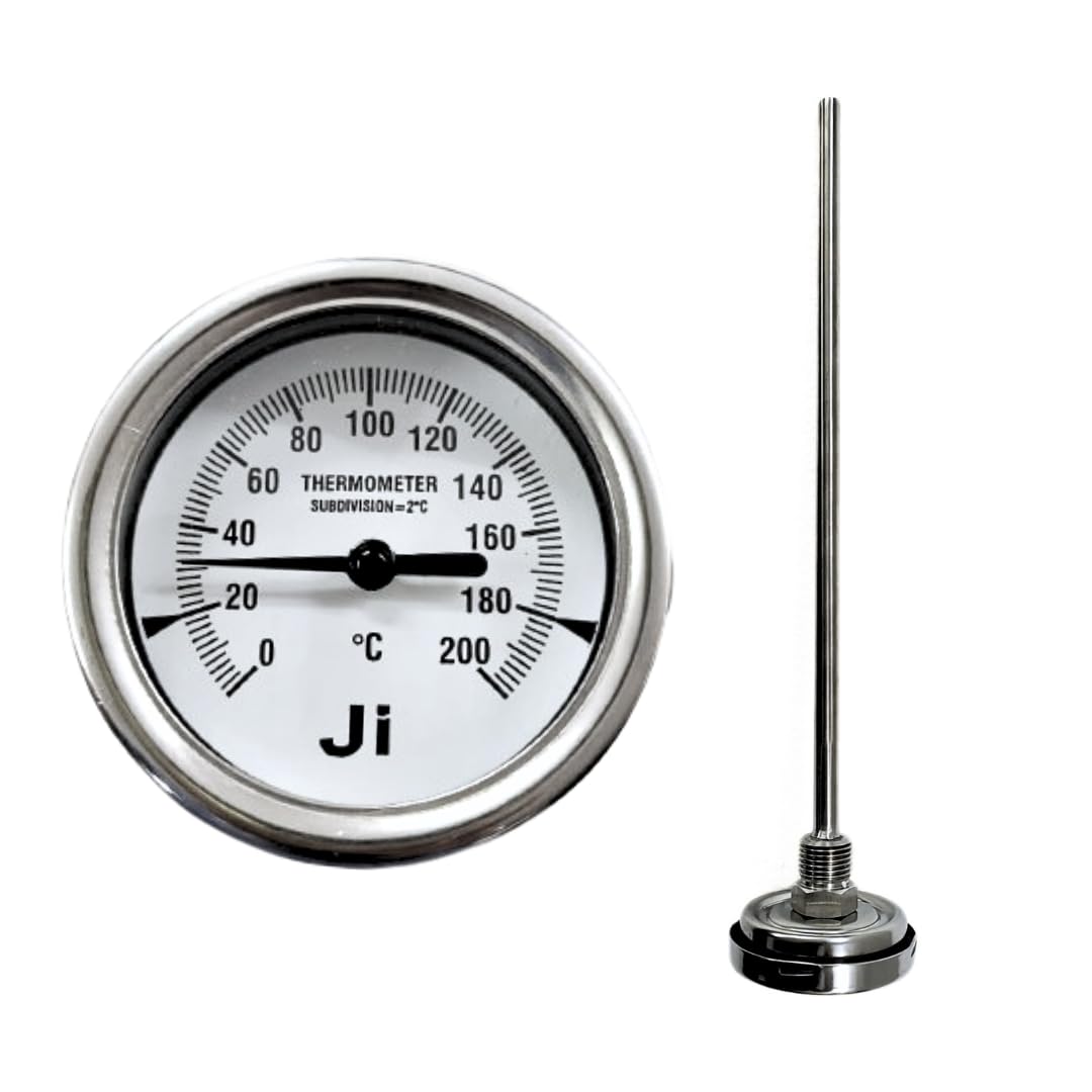 "Ji" Japsin Instrumentation Temperature Gauge, Bimetal Dial Thermometer, 2 1/2" Dial, Range 0 to 200°C, 12" Stem X 10 mm OD, Direct Mounting Back Entry, 1/2" BSP (M) Connection, Complete SS Body-image-30
