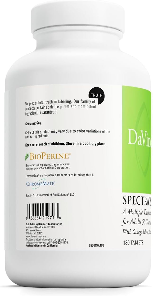 DAVINCI Labs Spectra Senior - Dietary Supplement for Cardiovascular, Ocular and Antioxidant Support - with Vitamins, Minerals, Coenzyme Q10, Ginkgo Biloba, Bilberry Extract and More - 180 Capsules