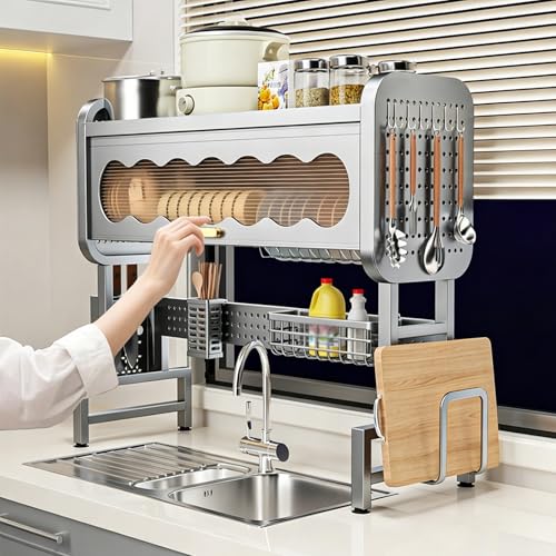 ZIGTUEI Escurridor De Platos sobre El Fregadero con Puertas Abatibles, Organizador De Almacenamiento De Cocina, Escurridor De Encimera para Vajilla(Grey,107cm/42.1in)