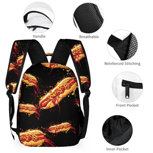 Hot Dog Ketchup Mustard Travel Backpack Lunch Box Pencil Case 3Pcs Set for Men Women Office Outing University3