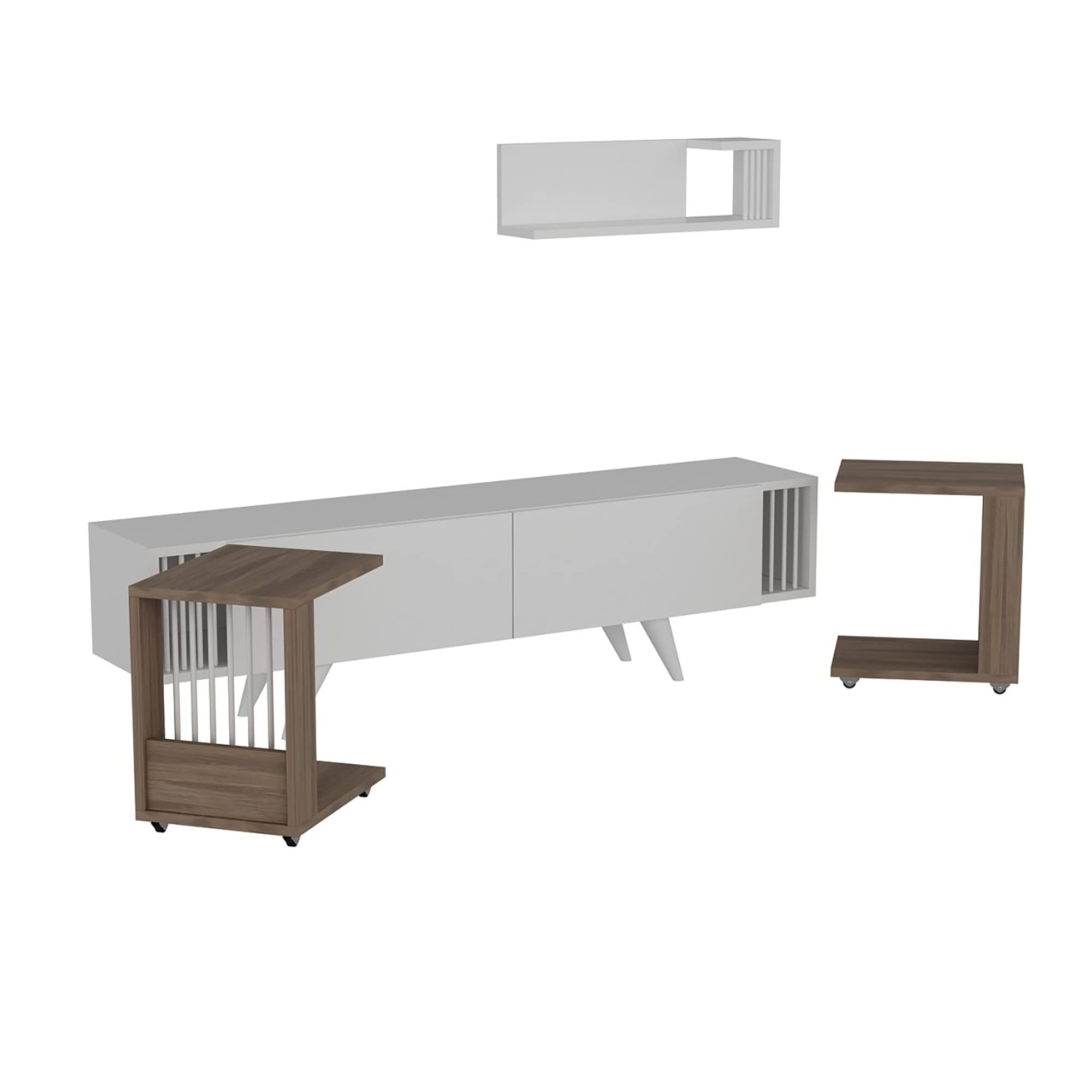 [en.casa] Set di Mobili da Soggiorno Composto di Mensola da Muro, Mobile Porta TV con Ante a Ribalta e 2 Tavolini Laterali - Rovere/Bianco