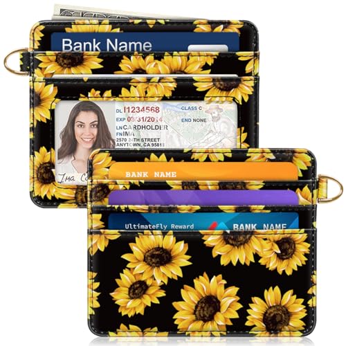 Image of Slim Minimalist Pocket Credit Card Holder Wallet Women | RFID Blocking Lightweight Thin Small Cute Card Cases, Sunflowers