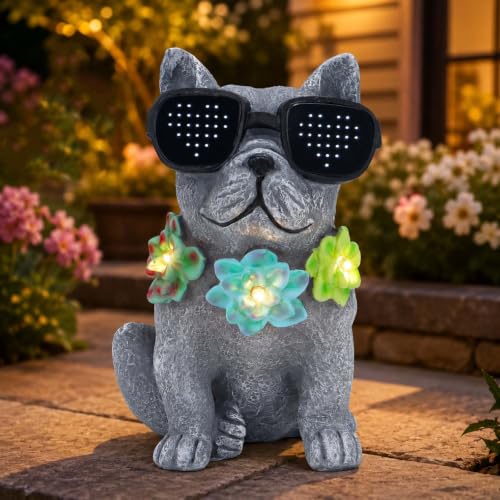 Solar Garden Outdoor Statue Dog with Sunglasses and Succulent LED Lights