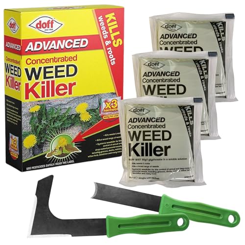Doff Advanced Concentrated Weedkiller (3 Sachets Total) + 2 Weeding Tools Glyphosate Weed Killer for Paths Drives & Patios Extra Strong Formula