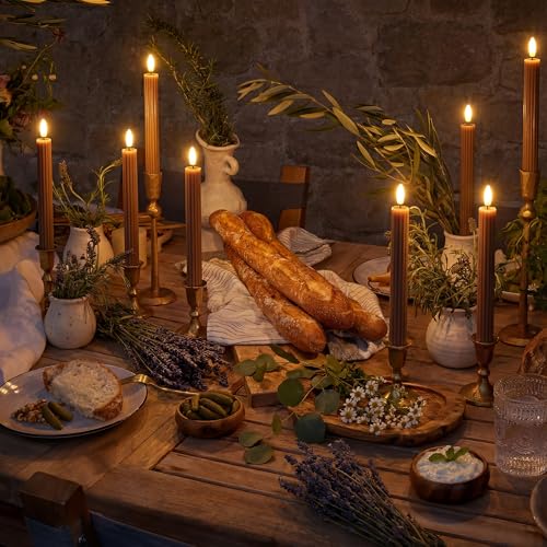 Image of 10 inch Fluted Ribbed LED Brown Tan Grooved Pillar Candles with 2 Remotes & 24h Timer Memory, On /Off Switch - Flameless Dimmable Battery Operated w /Flicker Mode, Home Wedding Decor (12 Pack)