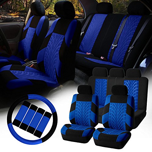 FH Group Car Seat Covers Interior Full Set Accessories Travel Master Car Accessories for Cars Vans Trucks and SUV - Airbag and Split Rear Blue Combo One Steering Wheel Cover, & Four Seat Belt Pads