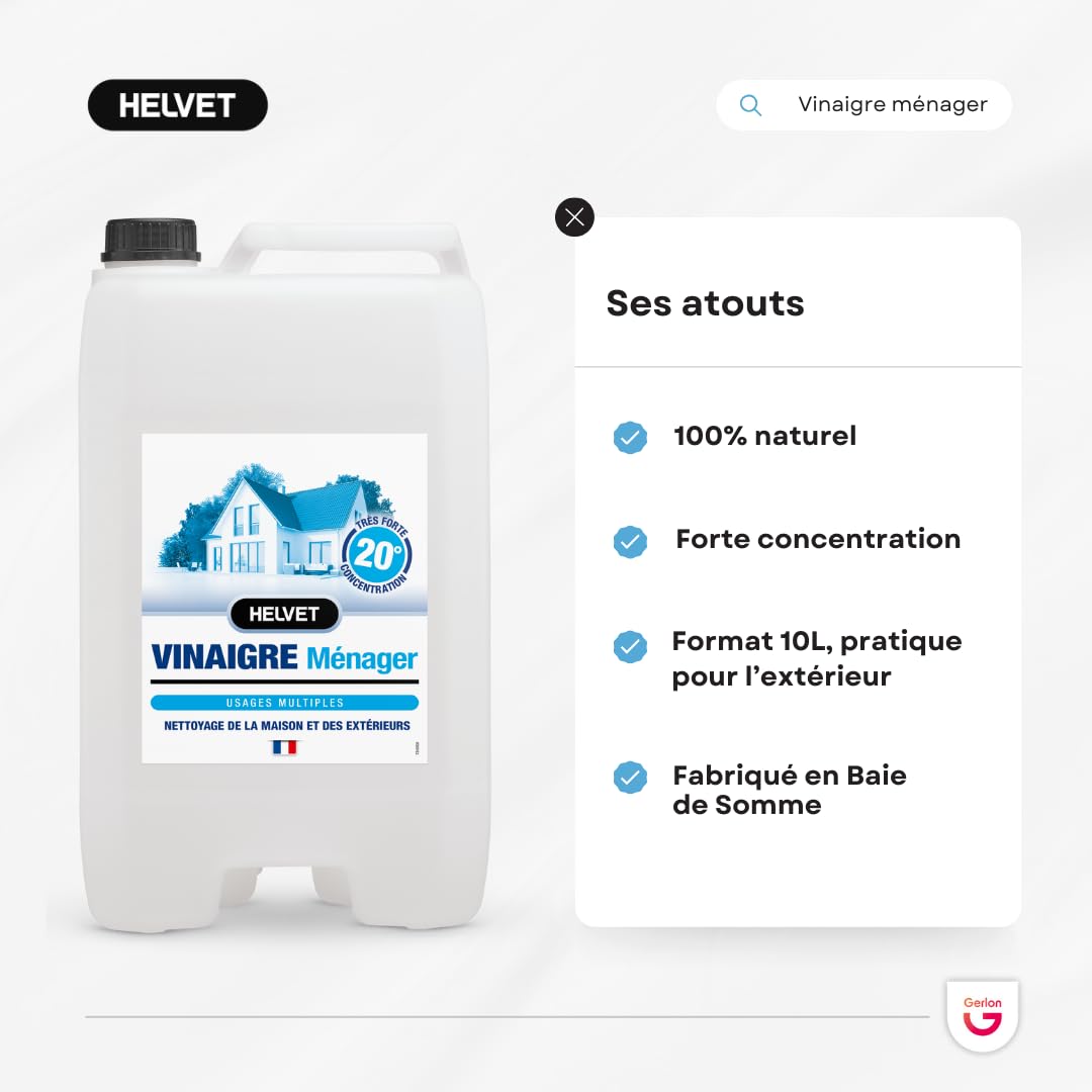 HELVET VINAIGRE BLANC MENAGER 20 Degrés – SUPER CONCENTRE – Gros Format 10L pour le Nettoyage de la Maison et des Extérieurs – Produit 100% Naturel