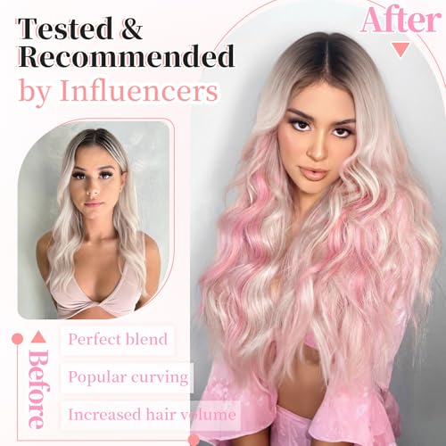 Image of KooKaStyle Clip in Synthetic Hair Extensions Long Wavy 4PCS Thick Hairpieces Blonde with Pink Highlight Fiber Double Weft Natural Hair Extensions 20 Inch for Women