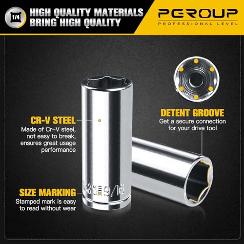 Image of 1 /4 inch Drive SAE Socket Set, 11PCS Deep Hex Socket Set (3 /16 inch-9 /16 inch), Cover Most Commonly Sizes, Chrome Vanadium Steel with 3 /8 inchF to 1 /4 inchM Socket Adapter