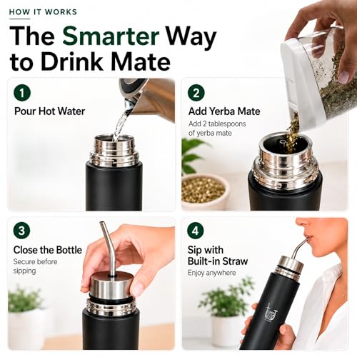 Botella térmica AutoMate de 750ml en un kit de yerba mate de acero inoxidable con doble tapa 7
