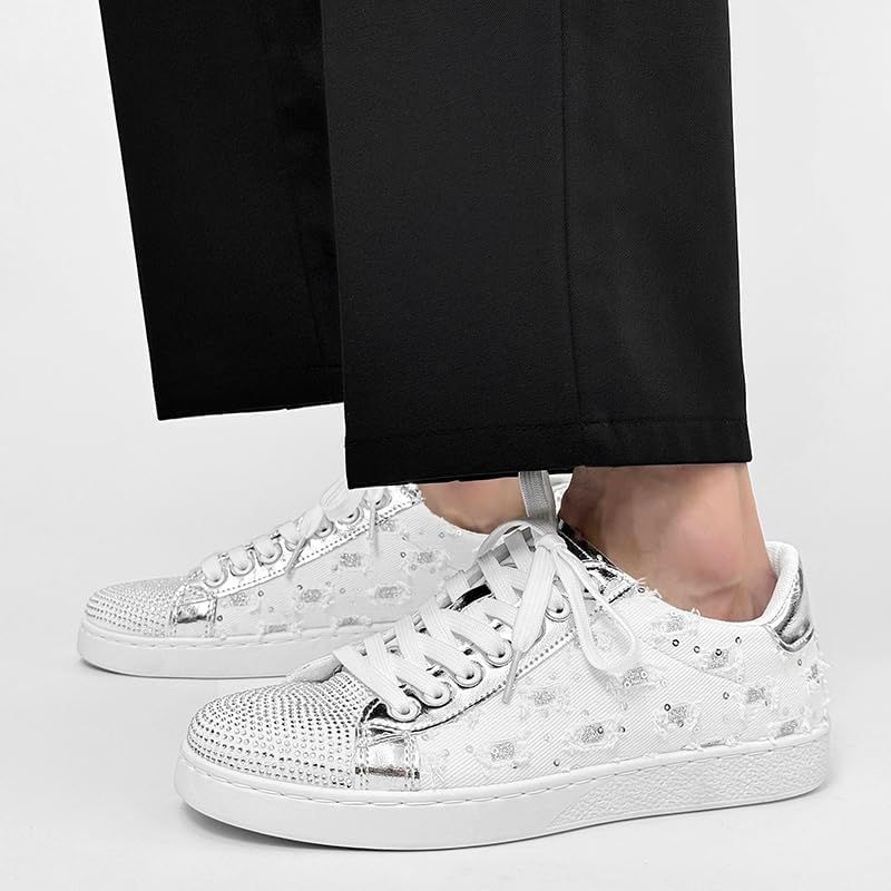Men's Punk Rhinestone Sneakers Fashion Casual Walking Shoes Black White Athletic Sneakers - Image 2