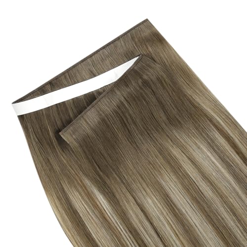 Image of LaaVoo Tape in Weft Extensions Light Brown Ombre Tape in Hair Extensions Human Hair 50G Genius Tape Hair Extensions Brown to Light Brown with Platinum Blonde 20inch