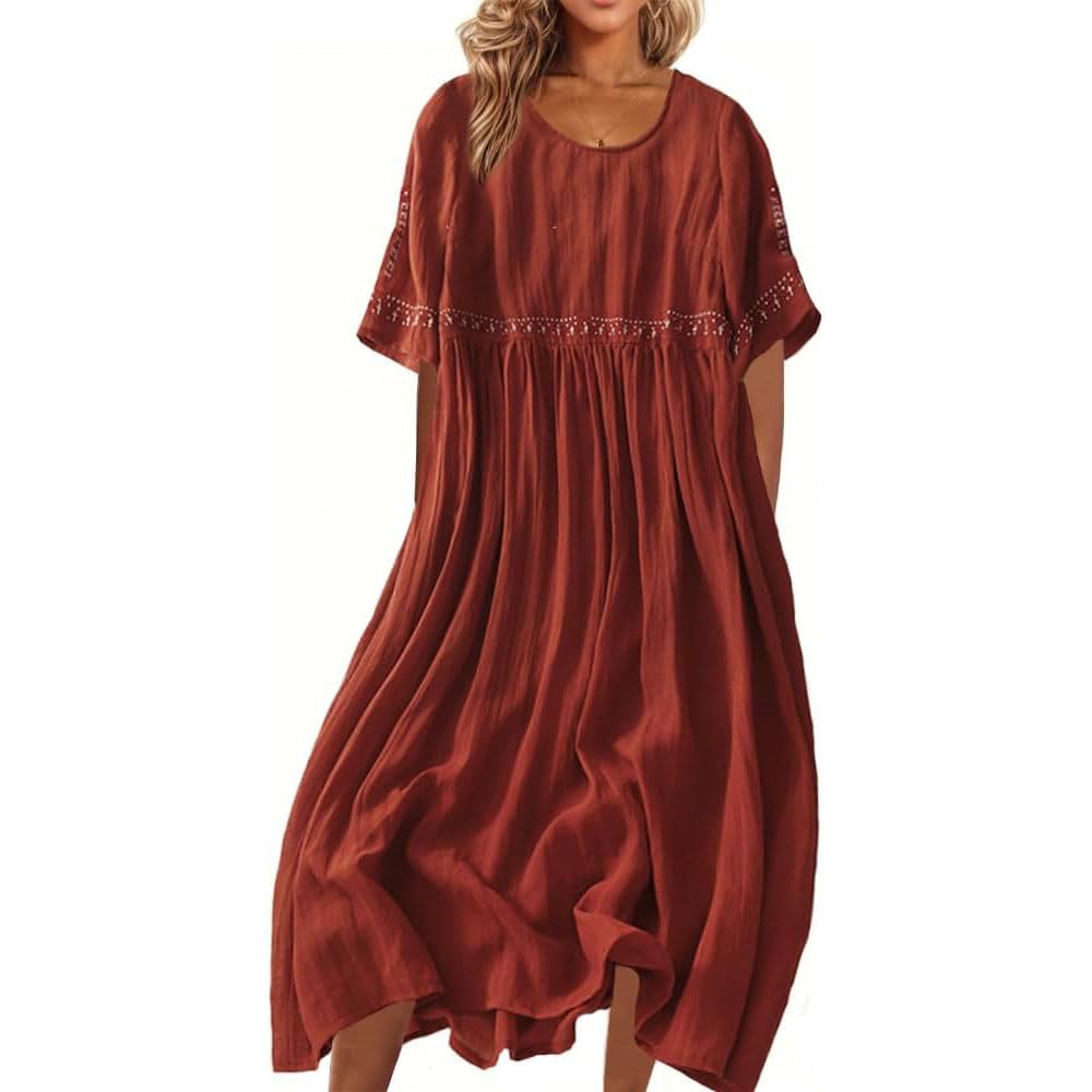 Vestido Largo de Lino y algodón con Bordado Floral para Mujer, Estilo Bohemio, clásico de Verano, con Media Manga y Cuello Redondo.