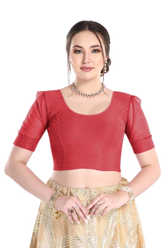 Image of FINESTFIT Stay On Trend Fashion 100% Cotton Readymade Blouses for Women,Round Neckline with Organza Balloon Sleeves.