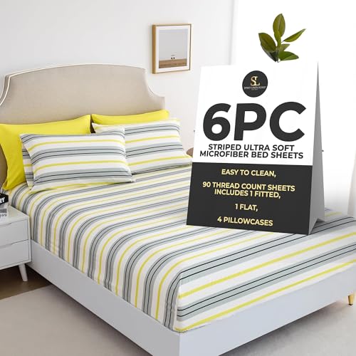 Spirit Linen Home 6-Piece Elegant Bed Sheet Set - Queen, Grey/Yellow Stripe