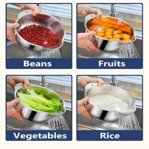 Image of Rice Washer Strainer Bowl with Side Drain Design, SUS304 Stainless Steel Rice Cleaning Colander for Washing Rice, Quinoa, Beans, Fruits & Vegetables, Kitchen Drain Bowl with Pouring Spout