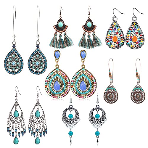 7 Paar Böhmische Ohrringe Vintage Boho Ohrringe baumeln Tropfen Haken Ohrringe Metall Retro Strass Ohrstecker Hippie Ohrringe Set Türkis Böhmen Schmuck Anhänger Ohrringe für Frauen Mädchen