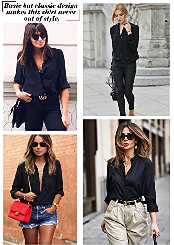 Hotouch Women Button Down Shirts With Pockets Long Sleeve Office V Neck Casual Business Chiffon Blouses Tops Slim Fit Dress Shirts Black M #TOP1