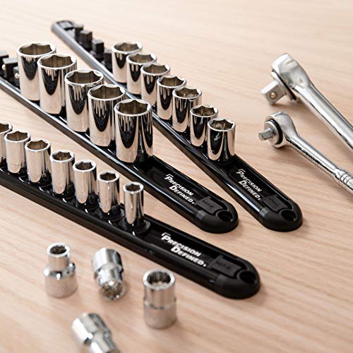 Precision Defined Aluminum Tool Socket Holder 3-Piece Set | Black, 1/4-Inch x 16 Clips, 3/8-Inch x 16 Clips, 1/2-Inch x 14 Clips | 360 Rotation - Heavy Duty Socket Rails Organizer, Socket Storage - Thumbnail 6