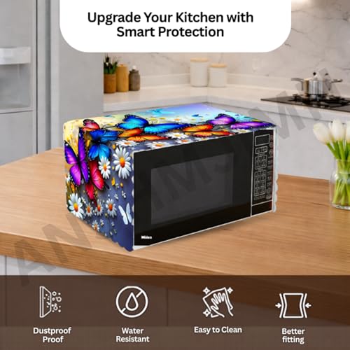 Image of Printed Microwave Oven Cover | Dustproof Waterproof Non-Slip Fabric Cover | Kitchen Decorative Appliance Protector | Kitchen Appliance Cover. (ButterFly)