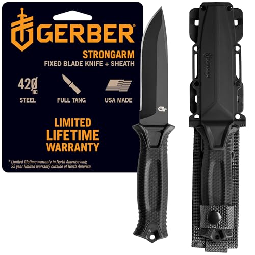 Gerber Gear StrongArm Fixed Blade Knife - Tactical Survival Knife for Camping & Hunting - Made in USA - Plain Edge- Jet Black