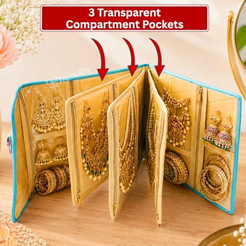 Image of Trendifly Foldable Multipocket Jewellery Organizer Suitcase for Women Embroidery Design Travelling Jewelry Bag 5 Transparent Pockets Earrings Necklace Bangles Rings Girls Aqua Green