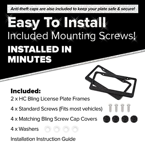 Black Bling License Plate Frames For Women - 2 Pack Bedazzled Cover, Clear Crystal Stainless Steel Girly Queen Sparkle License Plate Frame Cute Diamond Shiny Black Sparkly Cover #TOP2