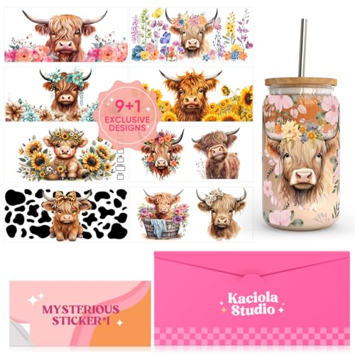 Image of Kaciola 10 Sheets UV DTF Cup Wraps for 16 oz- Highland Cow Theme UV DTF Stickers, 1 Sheet Mysterious Pattern Transfer, Rub on Transfers Stickers for 16 oz Libbey Glasses Crafting