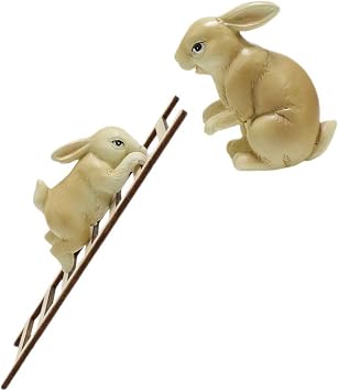 2PCS Bunny Statues Flower Pot Decorations with Ladder Climbing Resin Rabbit Figurines Planter Edge Ornament Home Farmhouse Miniature Fairy Garden Plant Pots Decor Bunny-A