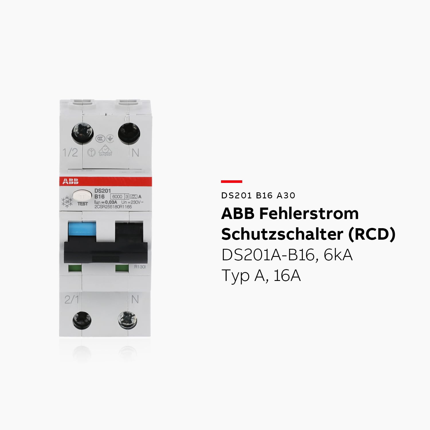 ABB DS201A-B16 FI/LS-Schalter 6kA, 1P+N, Typ A, B16, 30mA, 2 TE• Sicherungsautomat • Leitungsschutzschalter • 2-poliger Fi-Schalter • FI-Schutzschalter • 2CSR255180R1165
