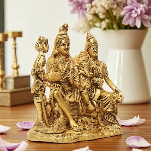 Image of SHANTI Brass Shiv Parivar Murti for Home Puja, Shiva Parvati Statue with Family, Idol for House Warming Gift & Decor (SF2677)