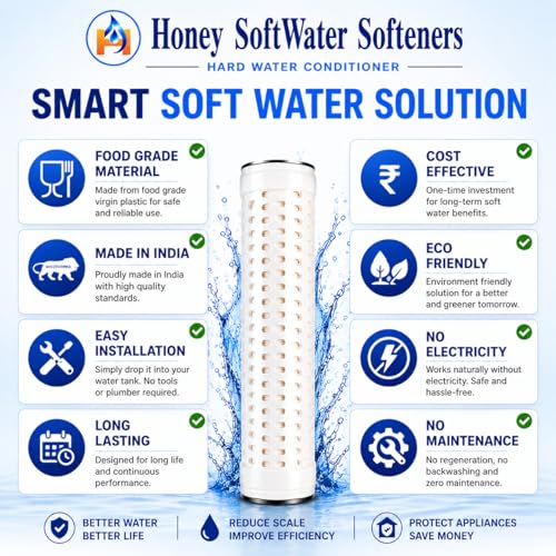 Image of Honey Hard Water Softeners for Home /Overhead Tank | Whole House Water Filter System | No Electricity No Plumbing | Bathroom Kitchen Tank Softener | Anti Scale Hair Skin Protection Easy Installation