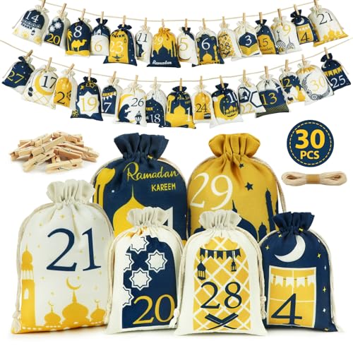 Hymarvo Calendario Ramadan 2025,30 calendari Ramadan da riempire in tessuto, 2 misure, sacchetti per calendario dell'avvento Ramazan per bambini,decorazione Ramadan,riempito con calendario Eid Mubarak