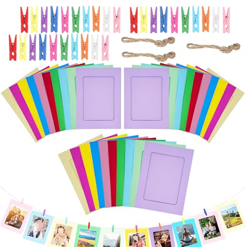 Lote de 30 pequeños marcos de fotos de papel cartonado, 11,5 x 15,5 cm, multicolor con pinzas de madera y cuerda para guirnalda fotográfica para Pele Mele Photo Mural y decoración, marco de fotos de
