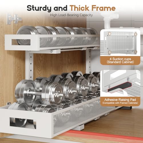 Image of 2 Pack 20.47IN Depth Under Sink Storage Organizer, Large 2-Tier Elegant Mesh Pull Out Shelf for Kitchen and Bathroom Cabinet Organization, L-Shaped and Adjustable Height Design-White