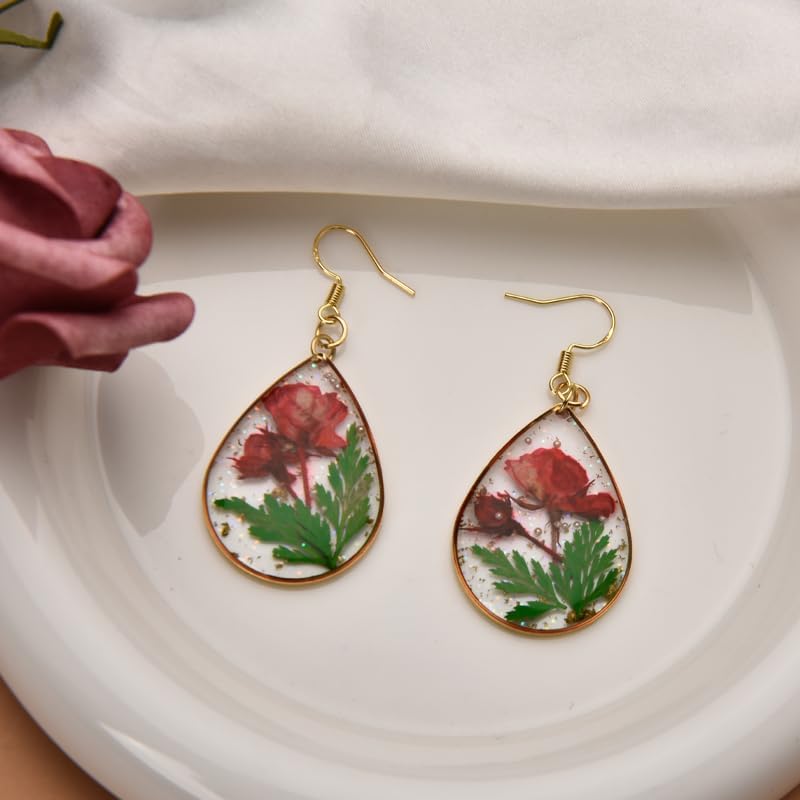 Dry Flower Teardrop Earrings for Women Handmade Pressed Flower Rose Earring Nature Plant Dry Flowers Hook Earring for Women Trendy Hypoallergenic Resin Drop Dangle Earrings for Mom Sister - Image 3