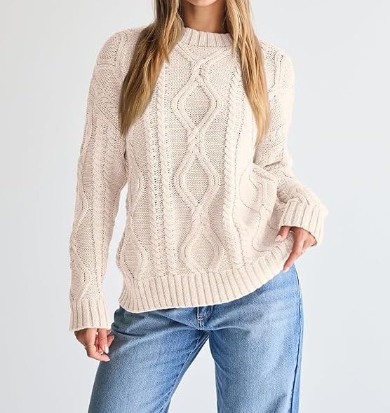 Women's Oversized Cable Knit Crewneck Sweaters Fall Chunky Knit Long Sleeve Trendy Pullover Sweater Tops Outfits2