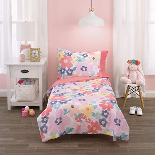 Carter s Pink, Orange & Mint Floral 4Piece Toddler Bed Set - Comforter, Fitted Bottom Sheet, Flat Top Sheet & Reversible Standard Pillowcase, Pink, Orange, Mint, Yellow