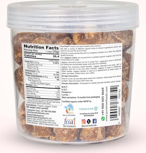 Image of Pure Tree Certified Organic Jaggery Cubes Small | 800 g | Jar | Sugarcane Gur Cubes | Desi Gud Jaggery Cubes from Jaggery Block (No Preservatives)