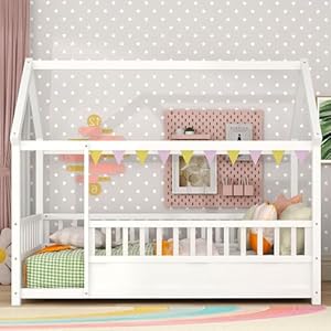 Kids Montessori Bed Twin Size Twin Floor Bed with High Fence House Bed for Kids Girls Boys Wood Montessori Floor Bed Without SlatsWhite Twin