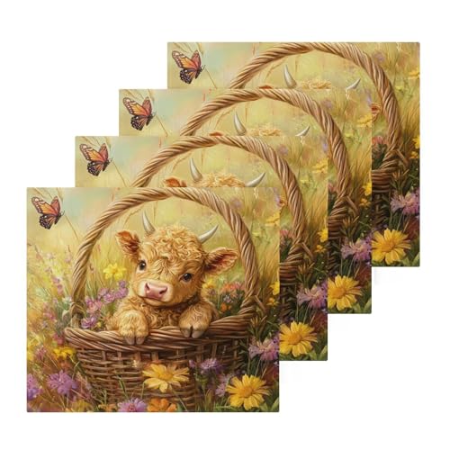 Flradish 4 Pack Highland Cow Flowers Pure Cotton Washcloths 12 x 12 Inch Reusable Absorbent Soft Cotton Face Towels Fingertip Towels Set for Gym Towels,Hotel and Spa