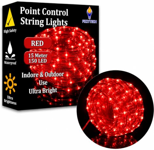 Image of fizzytech Rice Fairy String Lights, 15 Meter Copper Wire Point Control Lights with 8 Flash Modes for Diwali, Christmas, Wedding, Window, Garden & Home Decoration - Red, 150 LED