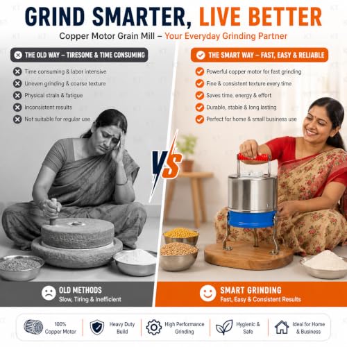 Image of DRUMSTONE ( 2026 Brings 5 Years WARRANTY ) Copper Motor Grain Mill Machine Heavy Duty Flour Grinder for Home & Small Business Use, Pure Wood Base, Powerful 8 No. Madhana