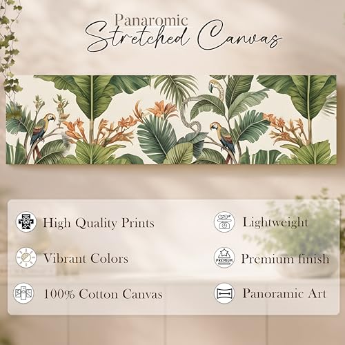 Image of Green Tropical Botanical Canvas Framed Wall Art Painting For Living Room, Green Tropical Leaves & Parrots Painting With Frame Leaf & Bird Nature Wall Art For Home & Office, 12x46 Inch
